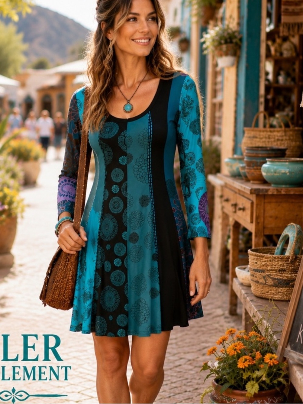 Aller Simplement Artsy Cotton Dress Teal Black Graphic Print Long Sleeve Size S